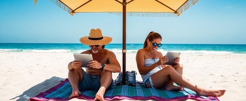 Couple looking at tablets on a beach