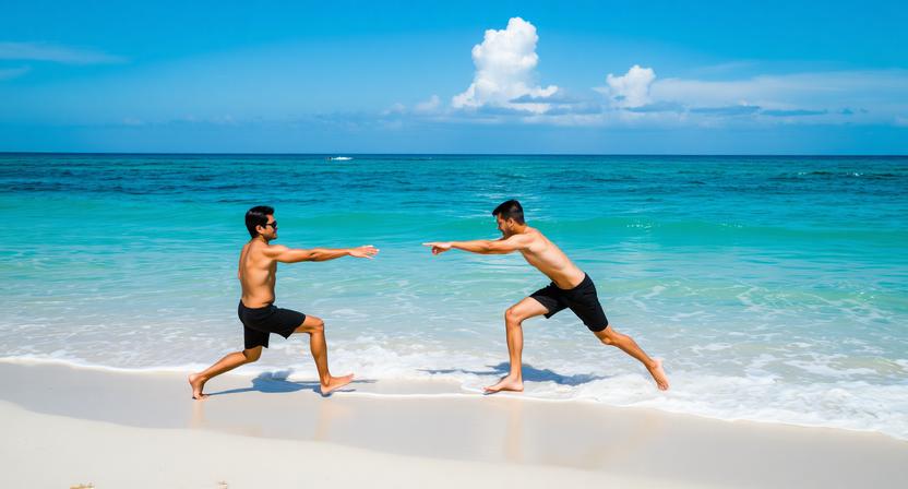 Two people on a beach trying to link arms